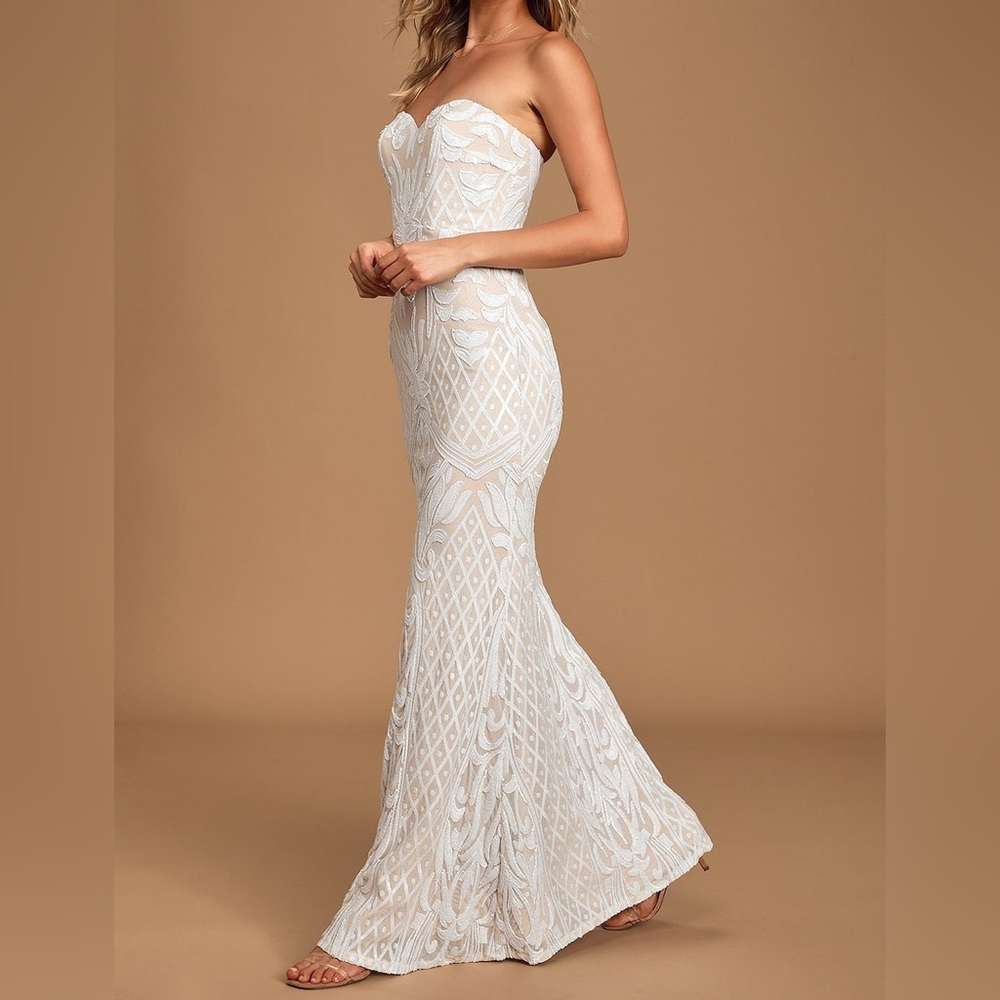 Lulus White Sequin Strapless Maxi Dress (Size: Large)